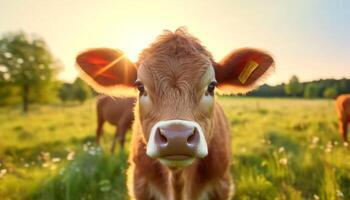 Cow grazing in a green meadow, enjoying the beautiful sunset generated by AI photo