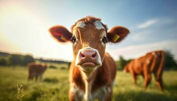 Cows grazing on green meadow, farm animals enjoying nature generated by AI photo