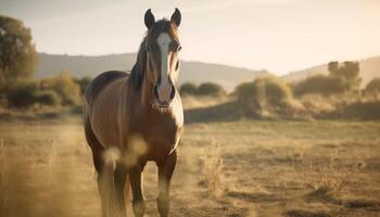 Horse grazing in meadow, enjoying the beauty of nature generated by AI photo