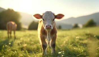 Cute cow grazing in green meadow, enjoying the summer sunlight generated by AI photo