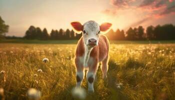 linda vaca pasto en verde prado, naturaleza belleza a puesta de sol generado por ai foto