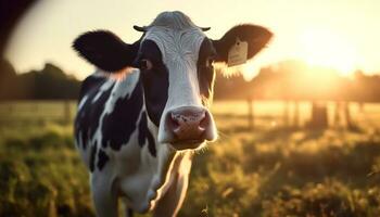 Cows grazing on a green meadow under the summer sun generated by AI photo