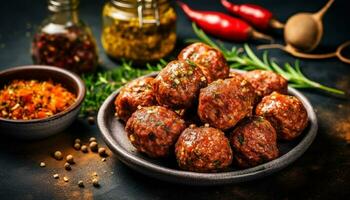 Homemade meatball appetizer on wooden table with fresh ingredients generated by AI photo