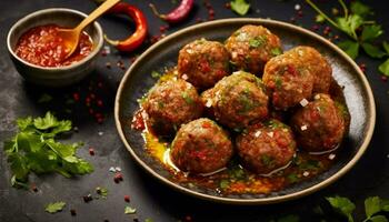 Freshness and spice enhance the gourmet meatball appetizer on wood generated by AI photo