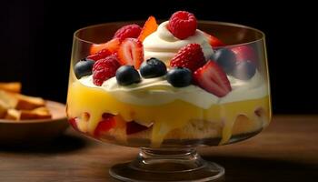 Fresh fruit dessert on wooden table with whipped cream and berries generated by AI photo