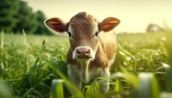 A cute cow grazes in a green meadow on a farm generated by AI photo