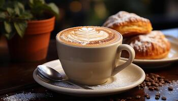 Coffee cup on table, close up Heat, freshness, caffeine, milk, chocolate generated by AI photo