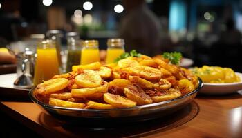 frescura en el mesa gastrónomo comida, preparado papa, sano comiendo generado por ai foto