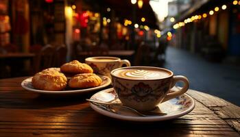 Wooden coffee cup on saucer with frothy cappuccino in coffee shop generated by AI photo