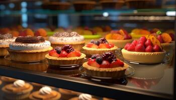 Freshly baked strawberry and raspberry cheesecake with chocolate cream decoration generated by AI photo