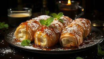 Gourmet dessert plate with fresh sweet food and mint leaf generated by AI photo