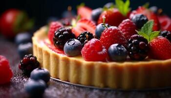 Blueberry, raspberry, and strawberry tart on a wooden table generated by AI photo