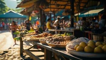 Fresco frutas y vegetales vendido a un bullicioso calle mercado generado por ai foto