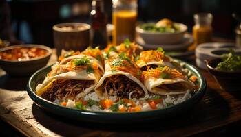 taco con carne, guacamole, carne de res, cilantro, y mexicano especia generado por ai foto