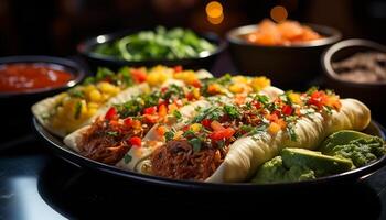 A la parrilla carne, Fresco verduras, guacamole en un hecho en casa tortilla plato generado por ai foto