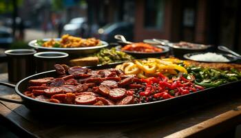 Grilled meat and vegetables on a wooden table, ready to eat generated by AI photo