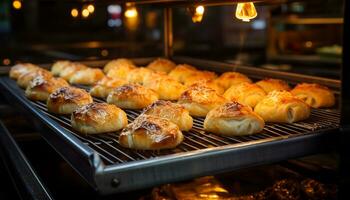 Freshly baked bread on a plate, ready for a delicious meal generated by AI photo