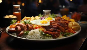 Grilled pork with fresh vegetables, cooked to perfection on plate generated by AI photo