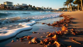 Tranquil sunset over the coastline, water reflecting vibrant autumn colors generated by AI photo