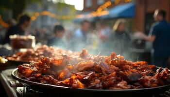Grilled meat on fire, barbecue party, summer celebration, city refreshment generated by AI photo