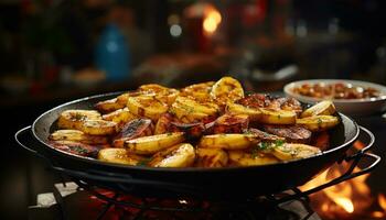 A la parrilla carne y vegetales en un lámina, Perfecto para un picnic generado por ai foto