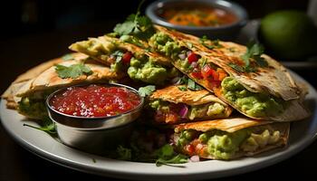 Fresh guacamole and taco with cilantro, avocado, and tomato generated by AI photo