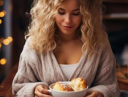 sonriente joven mujer disfrutando café en acogedor invierno hogar interior generado por ai foto