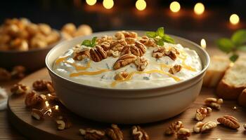 frescura y indulgencia en un gastrónomo postre cuenco con almendra y Fruta generado por ai foto