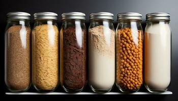 A collection of healthy ingredients in glass jars, fresh and organic generated by AI photo