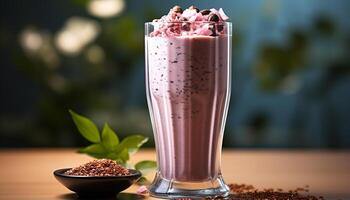 Freshness of chocolate milkshake on wooden table, a sweet refreshment generated by AI photo