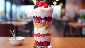 Raspberry dessert, gourmet freshness, sweet food, refreshing table close up generated by AI photo