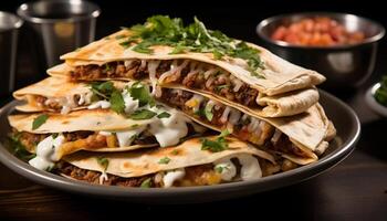 taco con carne, guacamole, tortilla, carne de res, cilantro, y tomate generado por ai foto