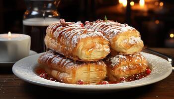 Freshly baked chocolate pastry on wooden plate, a sweet indulgence generated by AI photo