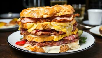 Grilled beef sandwich with melted cheddar, fresh tomato on wooden plate generated by AI photo