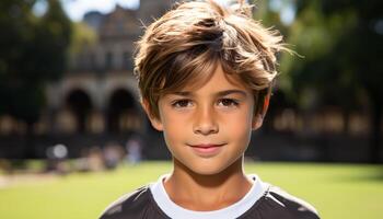 sonriente Niños al aire libre, mirando a cámara, infancia, alegre retrato generado por ai foto