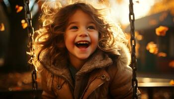 Smiling child enjoys playful autumn nature, warm clothing, and beauty generated by AI photo