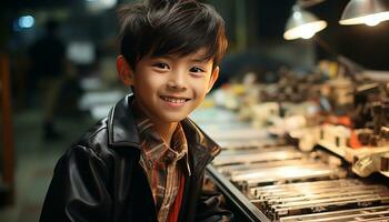 sonriente chino chico mirando a cámara, felicidad en infancia generado por ai foto