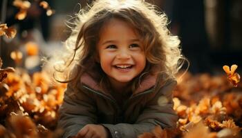 un linda caucásico chica, sonriente, jugando en el otoño bosque generado por ai foto