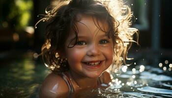 Smiling child, cheerful happiness, summer wet outdoors, cute fun joy generated by AI photo