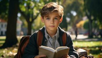 A happy schoolboy reading a book outdoors, surrounded by nature generated by AI photo