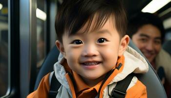 Smiling Chinese boy enjoying a joyful car journey with family generated by AI photo