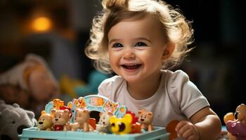 Smiling cute Caucasian child playing indoors with toy, happiness radiates generated by AI photo