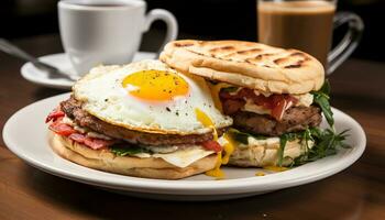 Grilled meat, fresh bread, cheeseburger, fries, and coffee on table generated by AI photo