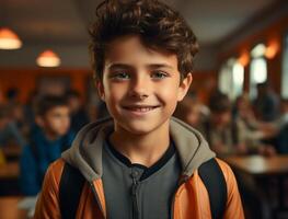 sonriente Niños, alegre y seguro, en pie en colegio edificio, aprendizaje generado por ai foto