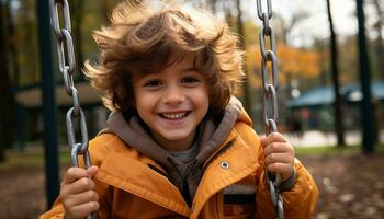 A cute, smiling child playing outdoors in the autumn swing generated by AI photo