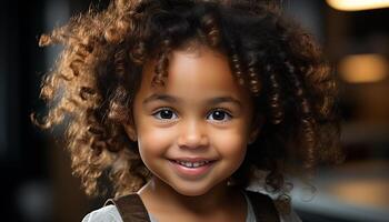 Smiling child, portrait of happiness, cute curly hair, cheerful innocence generated by AI photo