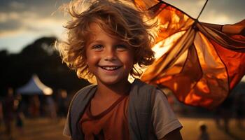 sonriente niño disfruta juguetón al aire libre, despreocupado en naturaleza belleza generado por ai foto