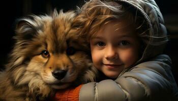un linda perro y niño, un pequeño retrato de felicidad generado por ai foto