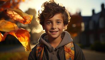 Smiling boy enjoys autumn sunset, radiating happiness and confidence generated by AI photo