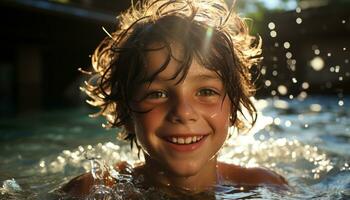 un contento niño disfrutando un verano nadar, lleno de alegría generado por ai foto